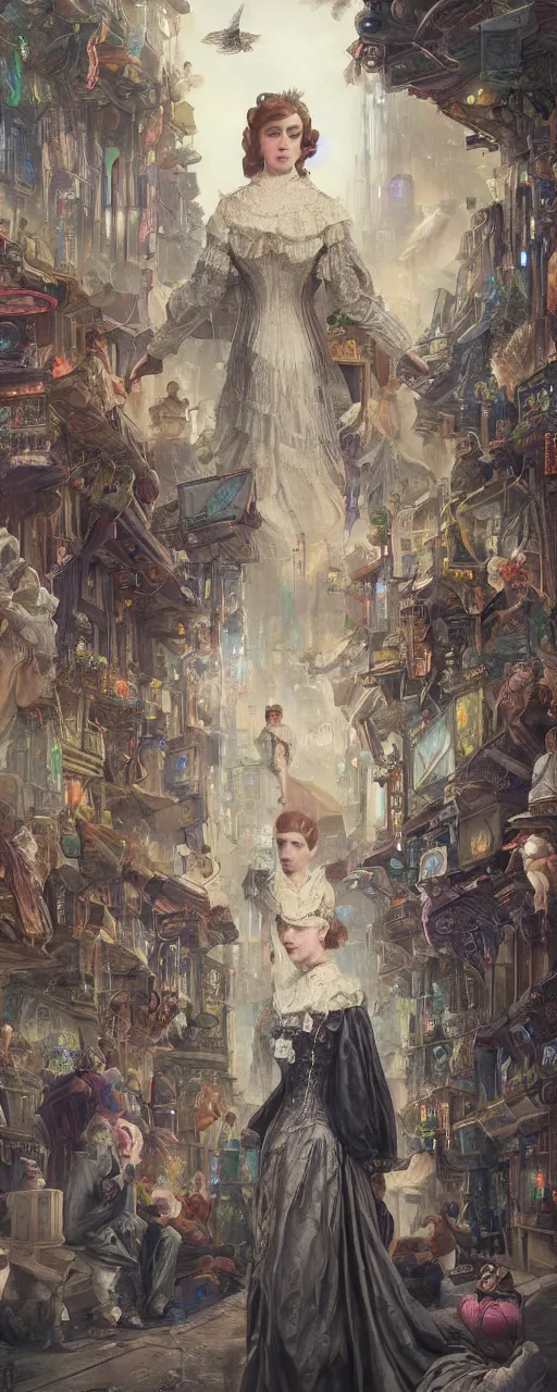 Prompt: portrait of a victorian lady within a crowd of people in a futuristic city, from behind, streets, angels in the sky, beautiful, solarpunk!!!, highly detailed, digital painting