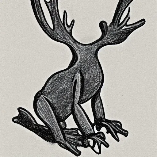 Image similar to drawing from 1 9 2 0's disney animation, white paper, black & white, frog rabbit on a table, antler