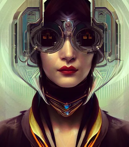 Image similar to portrait of a cyberpunk art deco woman who looks like Akeno Himejima sci-fi, fantasy, intricate, elegant, highly detailed, digital painting, artstation, smooth, sharp focus, illustration, art by artgerm and greg rutkowski and alphonse mucha