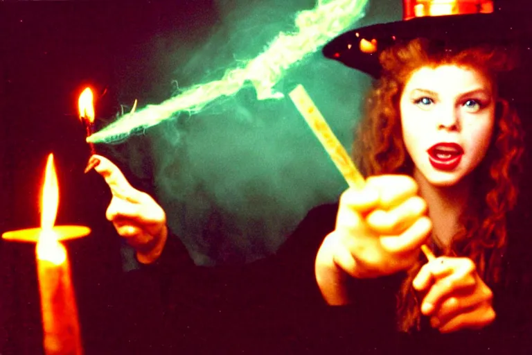 Prompt: extreme close up portrait, dramatic lighting, teen witch aggressively pointing a magic wand casting a spell over a table with pyrotechnics, cat on the table in front of her, sage smoke, magic wand, a witch hat cloak, apothecary shelves in the background 1 9 8 0's photo, polaroid, damaged film