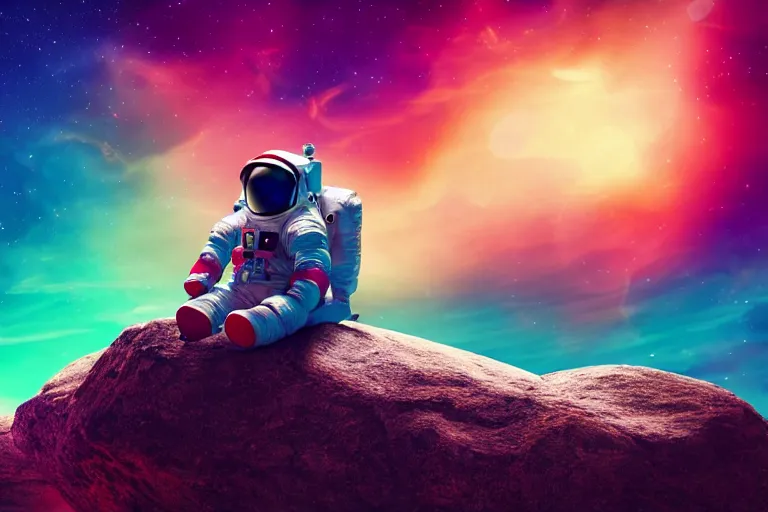 Image similar to Wide shot of a colorful astronaut sitting on a rock in space designed by Lisa Frank, lonely, glows, cinematic lighting, ambient light,