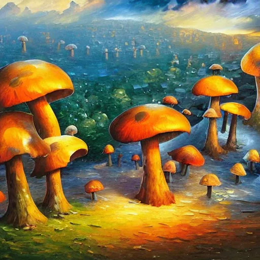 Image similar to mushroom village, art by james christensen, rob gonsalves, paul lehr, leonid afremov and tim white