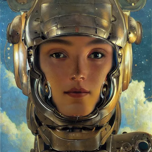 Image similar to highly detailed portrait of an humanoid robotic galaxy mecha, painting by gaston bussiere, craig mullins, j. c. leyendecker, lights, art by ernst haeckel, john william godward, hammershøi,