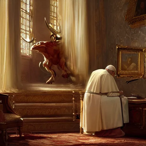 Prompt: the pope is in the papal bedroom, scared because a horned demon is attacking him. highly detailed painting by gaston bussiere, greg rutkowski, craig mullins 8 k