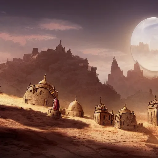 Prompt: a group of adventurers approaching an middle - eastern village with domed buildings on the side of a hill overlooking a desert with tall mountains in the background, fantasy, matte painting, highly detailed, artstation