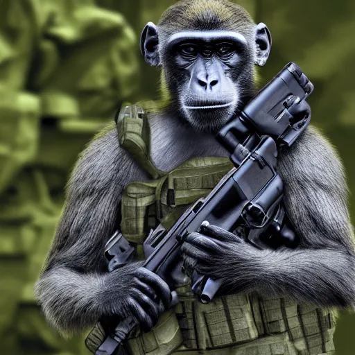 Image similar to monkey navy seals, 4 k, photorealistic, detailed, soldier, posing