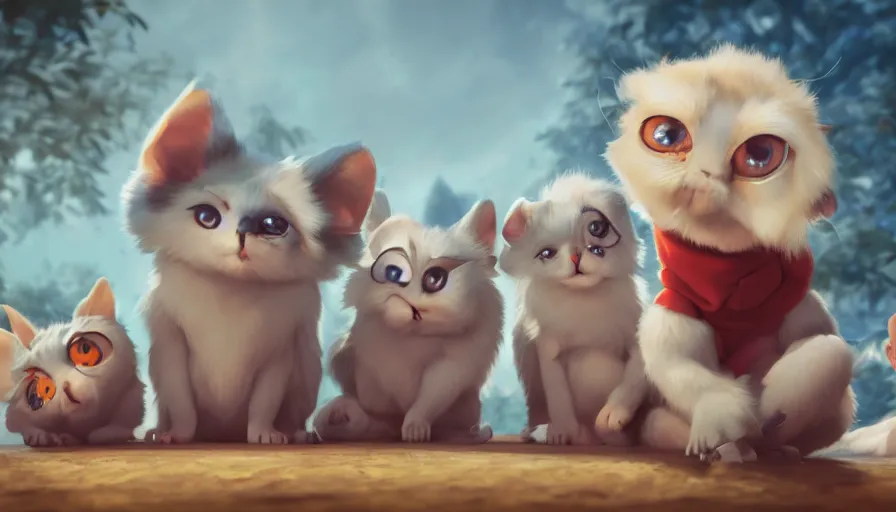 Image similar to very very very cute cirsus performers, big disney eyes, symmetrical eyes, fur and cuteness, a lineup of characters, Trending on Artstation, oil on Canvas by Elena Zhurikhina and Goro Fujita and Charlie Bowater, octane render, 4k, 8k, HD