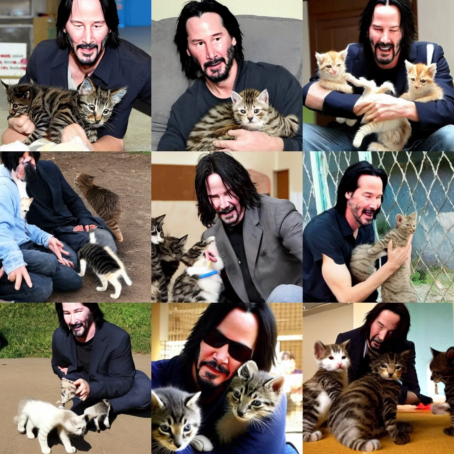 Prompt: heartwarming photo of Keanu Reeves playong with kittens at a rescue shelter