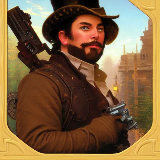 Prompt: detailed portrait painting of steampunk gunslinger by Thomas Kinkade, William-Adolphe Bouguereau and Ted Nasmith, Booru, RPG portrait