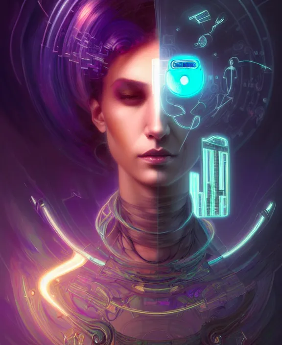 Image similar to a whirlwind of souls rushing inside the metaverse, hologram, half body, neurochip, shaved temple, piercing, jewelry, android, cyborg, cyberpunk face, by loish, d & d, fantasy, intricate, elegant, highly detailed, colorful, digital painting, artstation, concept art, art by artgerm and greg rutkowski and alphonse mucha