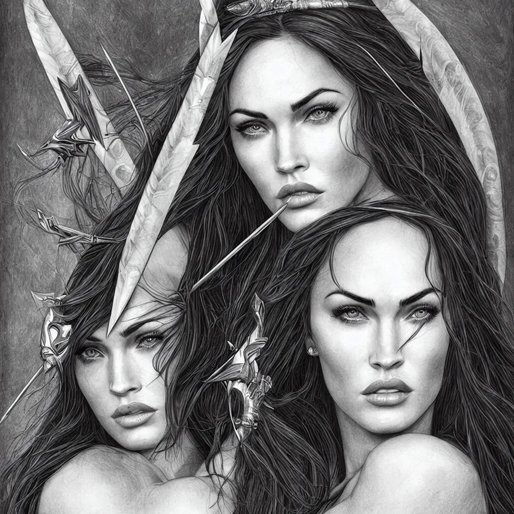 Image similar to portrait of beautiful megan fox as greek goddess aphrodite, archer, arrow on the head, beautiful piercing eyes, flowing blonde hair, realistic face, black and white drawing, in the style of greg rutkowski, fantasy, amazing detail, epic, intricate, elegant, smooth, sharp focus