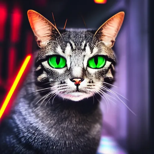 Prompt: portrait of a cute cyberpunk cat, realistic, futuristic, robot, professional photography