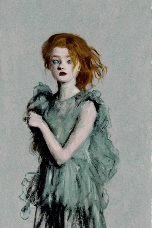 Prompt: portrait of sadie sink as delirium of the endless, the sandman by walter sickert, john singer sargent, and william open