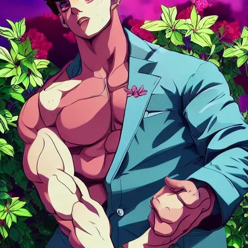 Image similar to handsome boxer, punching, wearing jacket, bodybuilder posing, portrait surrounded by hibiscus flowers, jojo cover art, jojo anime style, david production, style of vento aureo cover art, style of stone ocean cover art, style of steel ball run cover art, style of jojolion cover art, ilya kuvshinov style, illustrated by hirohiko araki