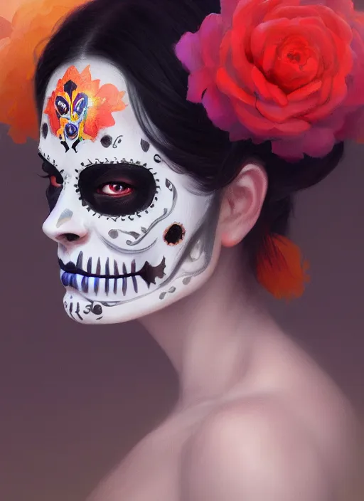 Image similar to portrait of dia de muertos, extremely detailed digital painting, in the style of fenghua zhong and ruan jia and jeremy lipking and peter mohrbacher, mystical colors, rim light, beautiful lighting, 8 k, stunning scene, raytracing, octane, trending on artstation