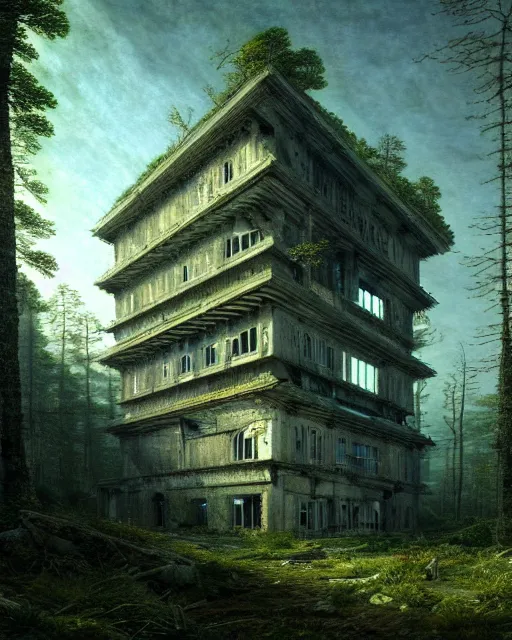 Image similar to a beautiful very detailed illustration of blockhouse industrial architecture building unfinished building nature abandoned architecture urbex by caspar david friedrich, sci - fi vaporwave uv light, archdaily, wallpaper, highly detailed, trending on artstation.