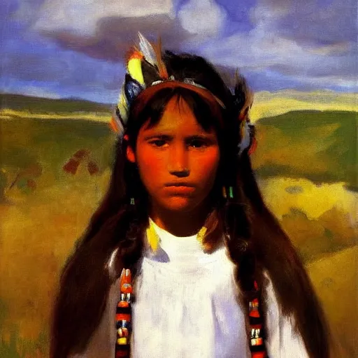 Prompt: portrait of a young beautiful native girl looking at the camera, background is a rainbow, style of john singer sargent