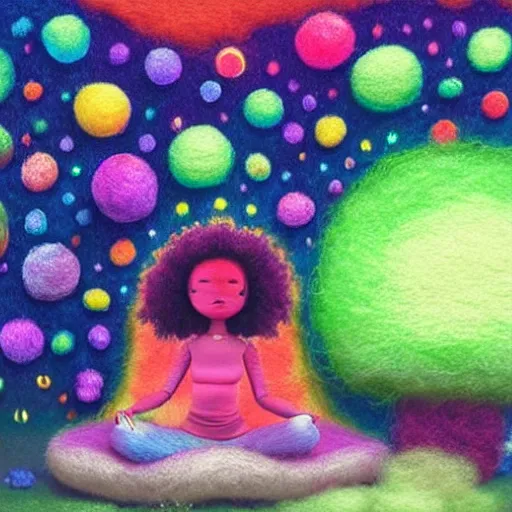 Prompt: a black girl with a colorful afro and big beautiful eyes meditating in a rainbow magic mushroom zen garden with her crystal ball, bokeh!!!, bright colors, synthwave, watercolor, volumetric wool felting, felt, macro photography, children illustration, by goro fujita