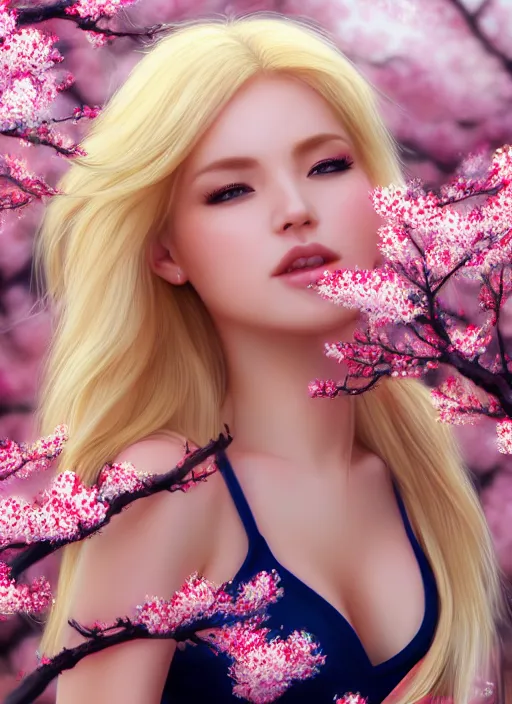 Image similar to photo of a gorgeous blonde female in the style of stefan kostic, realistic, half body shot, sharp focus, 8 k high definition, insanely detailed, intricate, elegant, art by stanley lau and artgerm, extreme blur cherry blossoms background