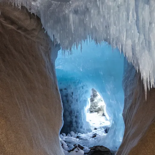 Prompt: narrow ice cave with low ceiling and narrow rough river running through it, surreal,