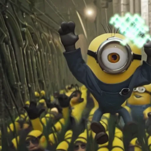 Prompt: a minion in the matrix, bullet time, still from movie