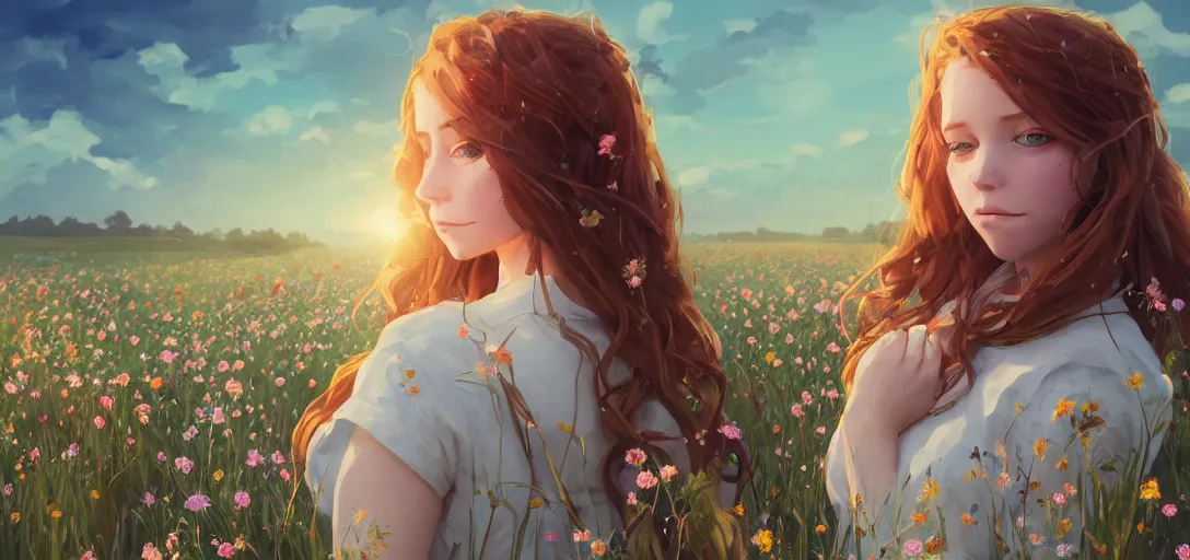 Image similar to a beautiful southern woman named Savannah, innocent, somber turquoise eyes, freckles, long ginger hair tied with white ribbon, relaxed in a field of flowers on a farm, gentle lighting, storm in the distance, western clothing, dress, digital art by Makoto Shinkai ilya kuvshinov and Wojtek Fus, digital art, concept art,