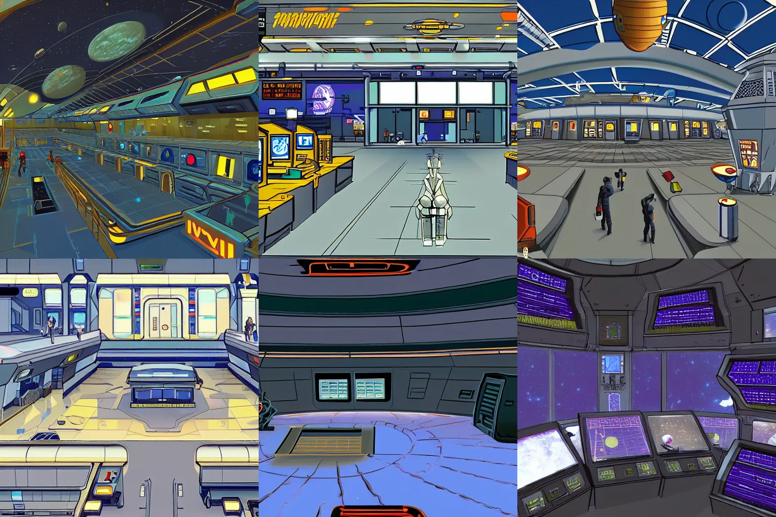 Prompt: inside the terminal building of a space port, from a space themed LucasArts point and click 2D graphic adventure game, high quality graphics