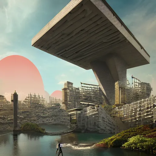 Image similar to parametric architecture made from bright concrete and steel, side view, metropolis, brutalist, waterways, waterfalls, dramatic clouds, neon green lava streets, god rays, digital art, landscape, fantasy art, octane render, pop art, ureal engine, high detail, very realistic, by greg rutkowski. by simon stalenhag