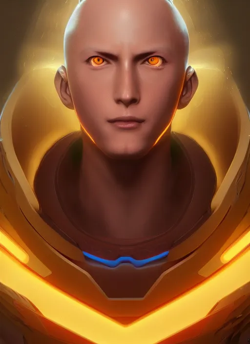 Image similar to glowwave portrait of saitama from overwatch, au naturel, hyper detailed, digital art, trending in artstation, cinematic lighting, studio quality, smooth render, unreal engine 5 rendered, octane rendered, art style by klimt and nixeu and ian sprigger and wlop and krenz cushart.