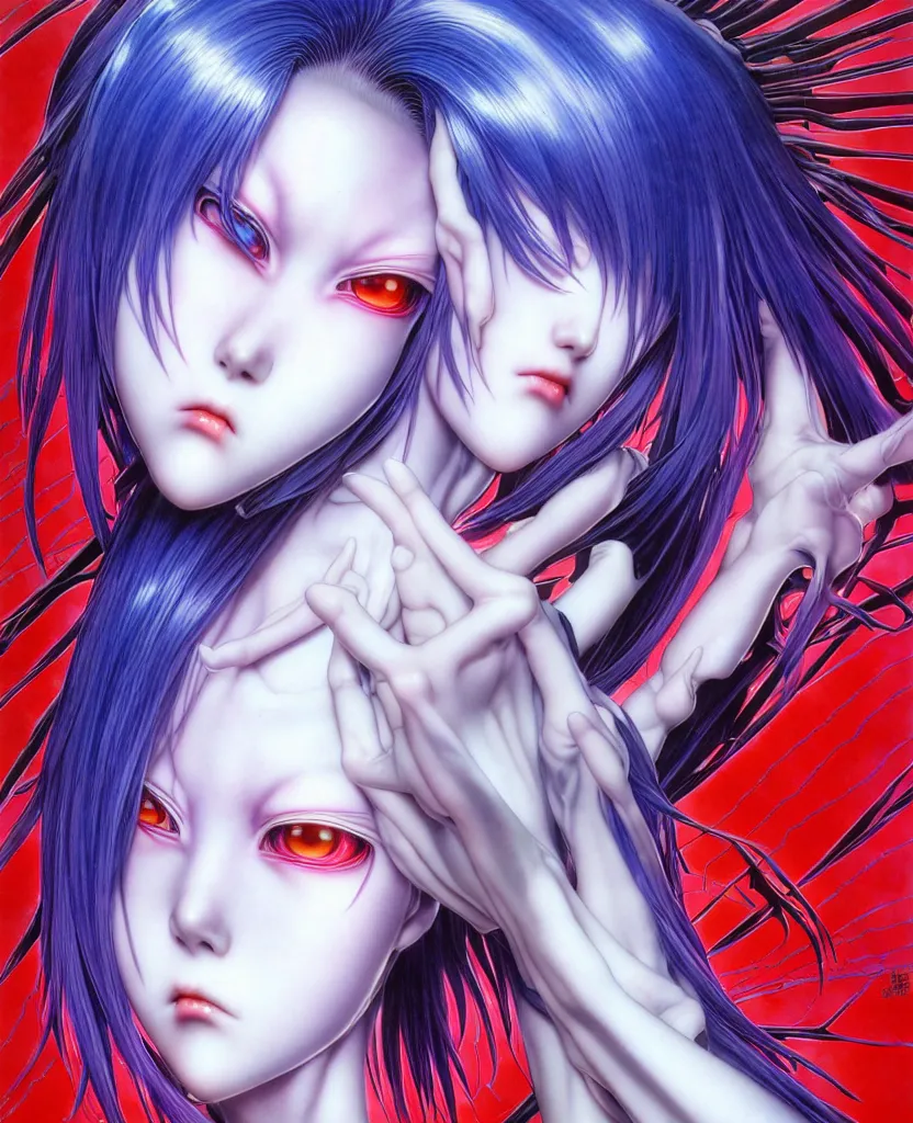 Image similar to realistic detailed image of ultra mega rainbow realistic detailed female character rei ayanami symmetrical depth perception masterpiece depth of field action horror gothic vivid colors art by yoshitaka amano by yukito kishiro by yoshiyuki sadamoto by artgerm by hajime sorayama, no artifacts!!!!!