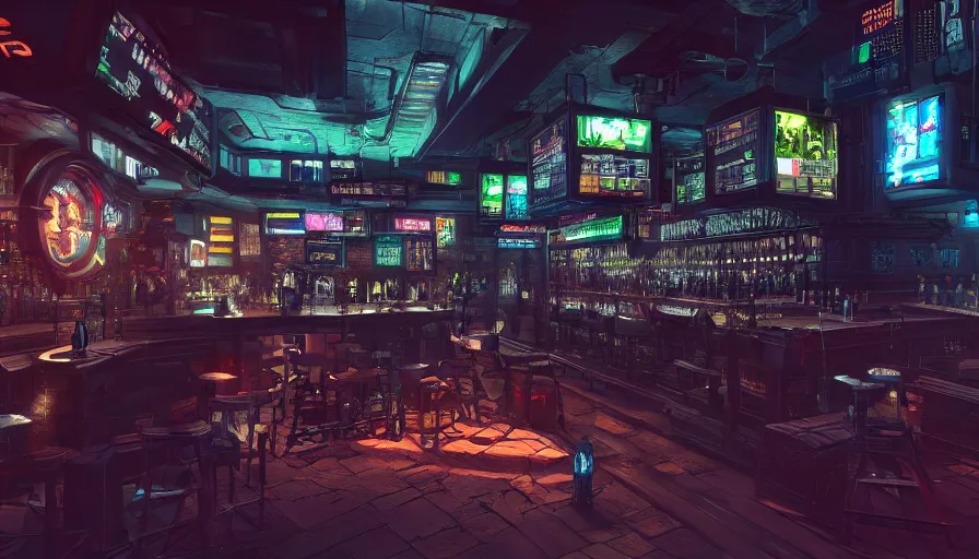 Image similar to cyberpunk themed pub, very detailed, octane render, 4 k, trending on artstation