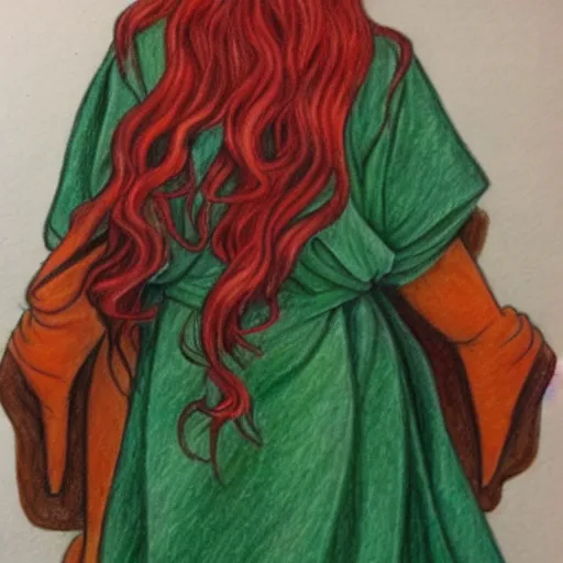 Prompt: full body detailed colored pencil drawing of a beautiful red haired sorceress with a beautiful face, wearing a green magician's robe