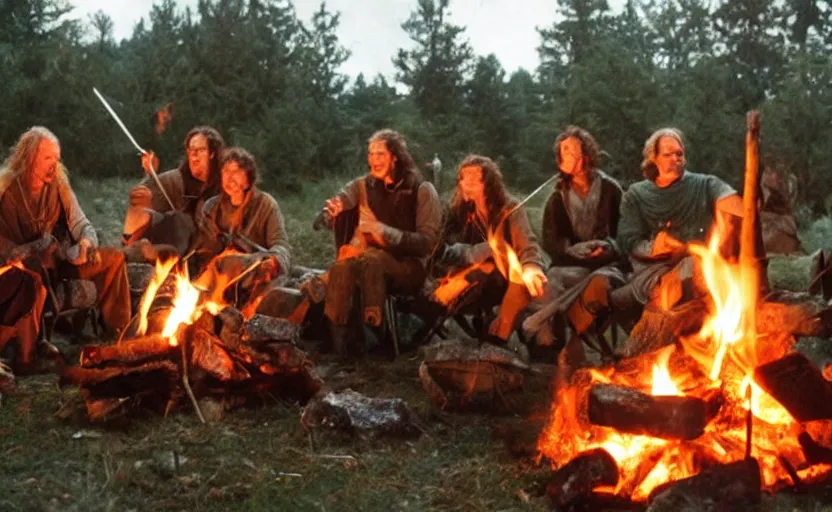 Prompt: the fellowship of the ring making s'mores around a campfire