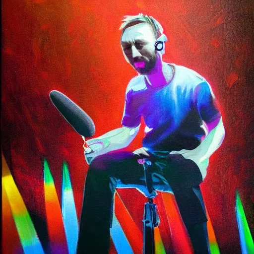 Image similar to oil painting of thom yorke, in real life, on stage, his body completely covered, with a few pieces of light show and strobe light flashes behind the stage and lighting to lighten it. he is wearing headphones and has the microphone in his mouth