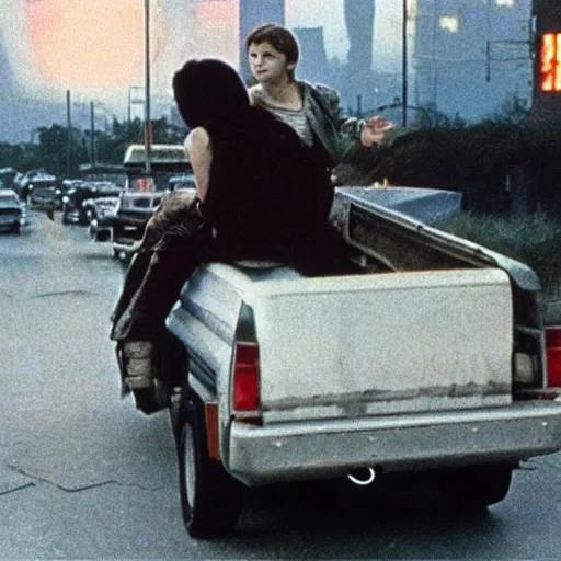 Image similar to at night, a white teenage girl with a pixie haircut in an oversized man's jacket catches a ride on the back of a truck as it drives towards the factory district : a still from a sci - fi dystopian cyberpunk film by steven spielberg from 1 9 8 0 s, shot on 3 5 mm film by janusz kaminski