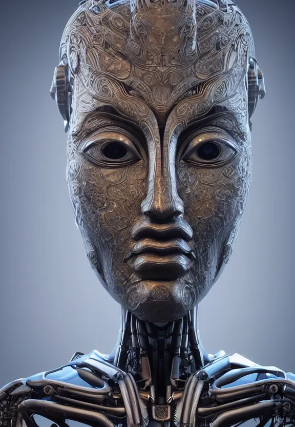 Prompt: perfectly centered portrait, front view of a beautiful biomechanical android alien robot buddha, female, flowing hair, intense stare, sarcastic smile, symmetrical, concept art, intricate detail, volumetric shadows and lighting, realistic glass sculpture, octane render, unreal engine