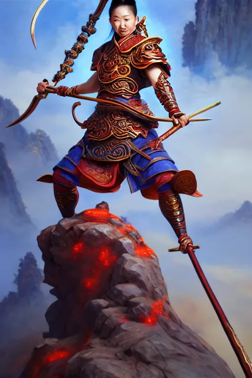 Image similar to charming nezha, highly detailed, man holding spear, flame everywhere, epic pose, masterpiece chinese fantasy character portrait, highly detailed, digital painting, trending on artstation, concept art, sharp focus, illustration, global illumination, ray tracing, realistic shaded, art by artgerm and greg rutkowski and fuji choko and viktoria gavrilenko and hoang lap