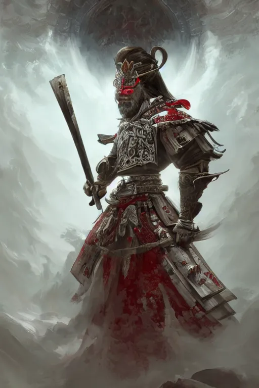 Image similar to a photographic portrait of a powerful samurai cloaked in white, carrying swords on his back, standing under a beam of light, a dark cave, ruby red sorrow, intricate, elegant, highly detailed, ornate, beautifully lit, ray traced, octane render, in the style of Peter Mohrbacher and Peter Gric