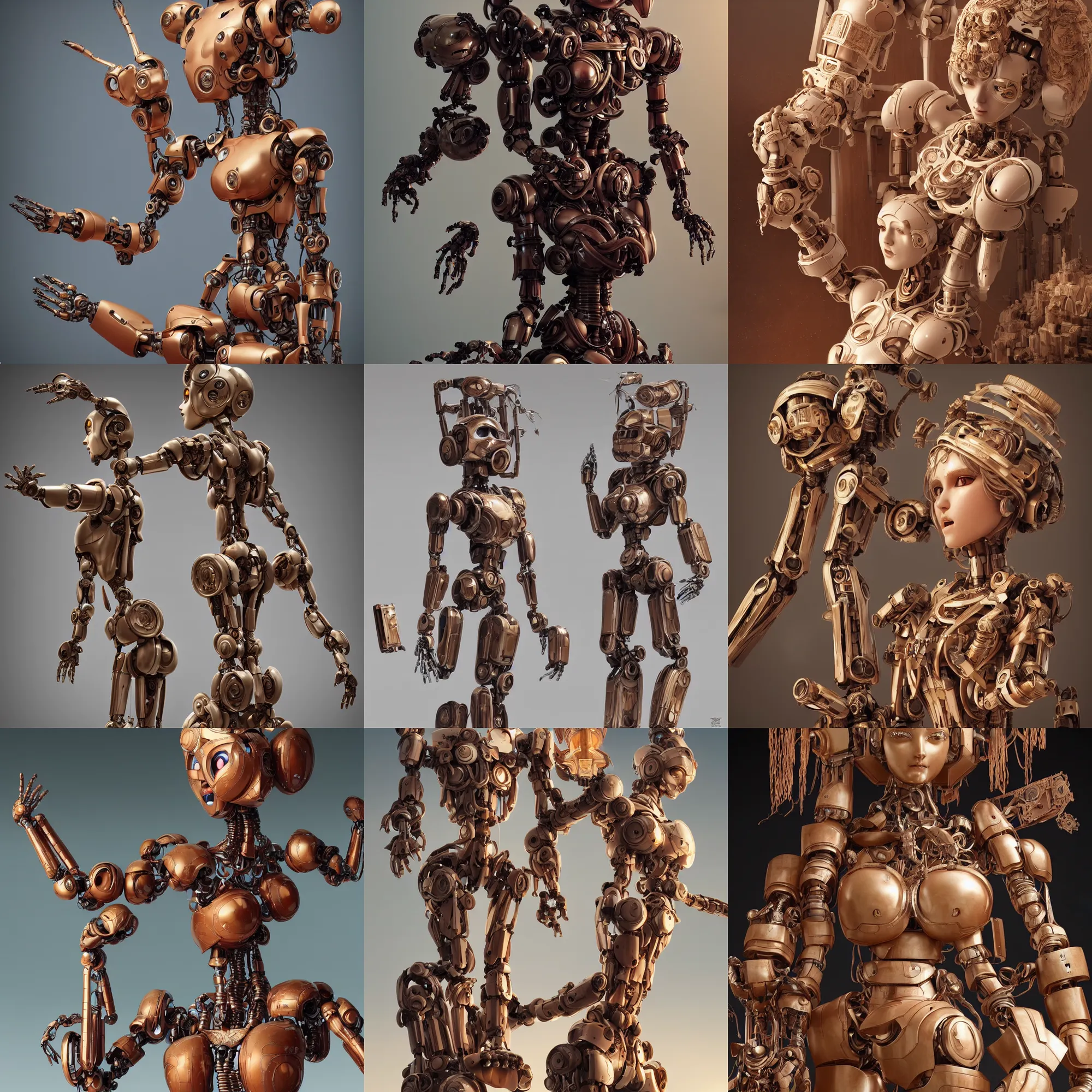 Prompt: octane render ultra photorealistic hyper detailed, a very very cute wooden mystical statue robot of the roman godess natural, trending on cgsociety, in a contemporary art gallery in neo tokyo artwork by moebus