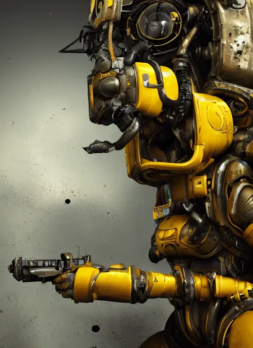 Image similar to a photorealistic dramatic hyperrealistic render of a futuristic exosuit power loader heavy machinery, ultra realistic details, glossy yellow, well worn, rust, oil stains by vitaly bulgarov and mike nash, beautiful dramatic dark moody tones and lighting, cinematic atmosphere, studio lighting, global illumination, shadows, dark background, octane render, 8 k