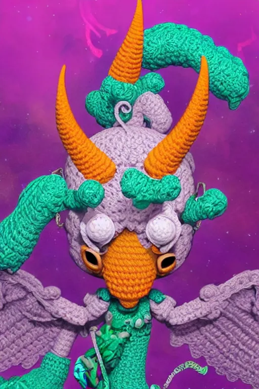 Image similar to Baphomet Amigurumi Crochet Pattern, vivid colors, high details, cinematic, 8k resolution, beautiful detailed, photorealistic, digital painting, artstation, concept art, smooth, sharp focus, illustration, fantasy background, artstation trending, octane render, unreal engine