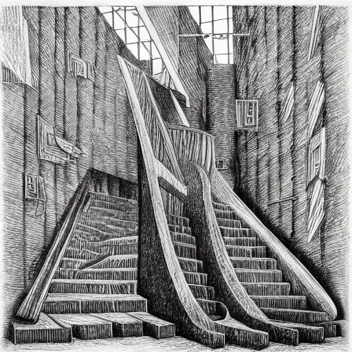 Prompt: Landscape drawing of a maze of stairs, Dark, Intense, Dramatic, prolific, Black and White by François Schuiten and M. C. Escher