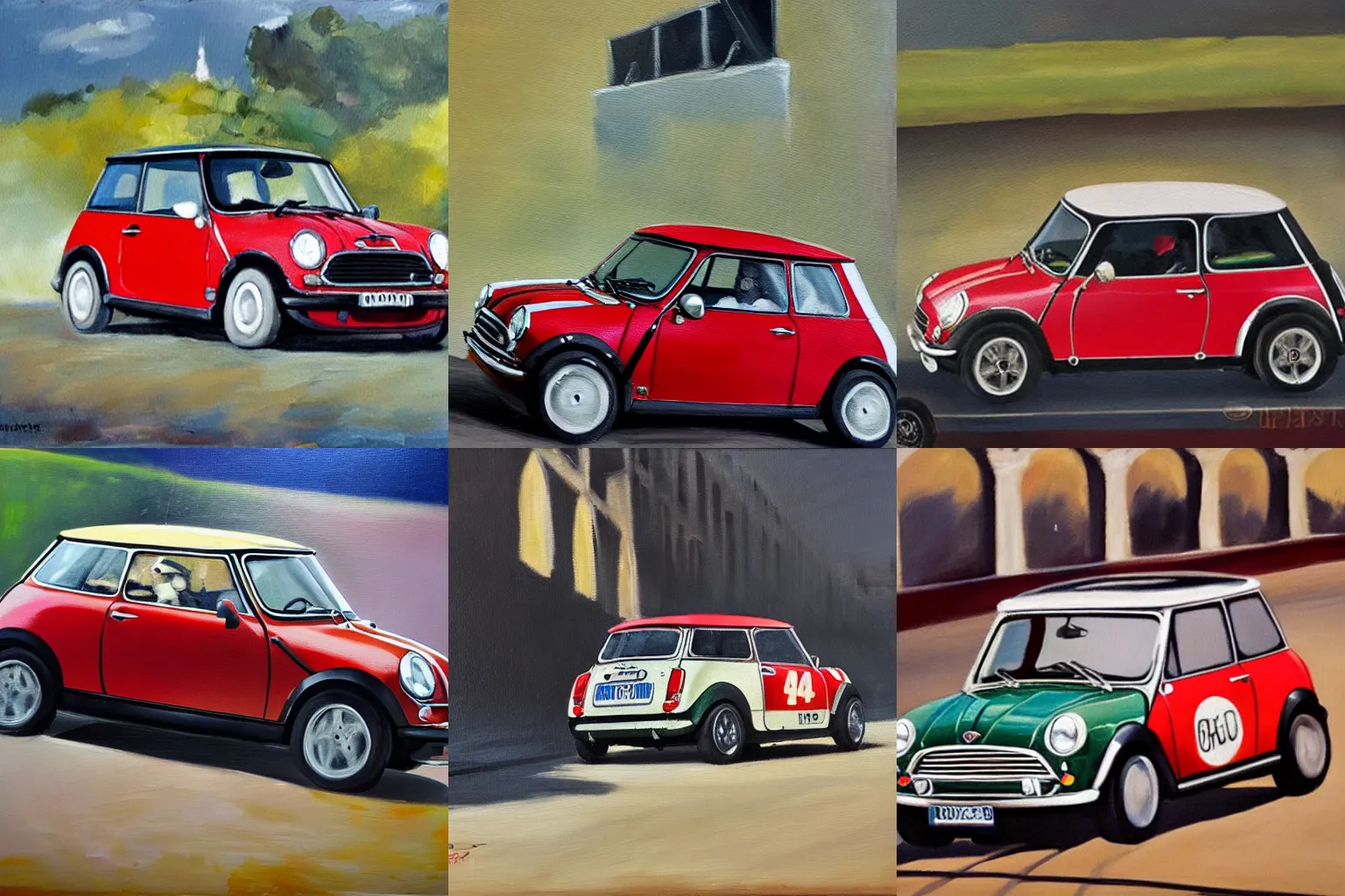 Prompt: an oil painting of a mini cooper car winning a race in Italy