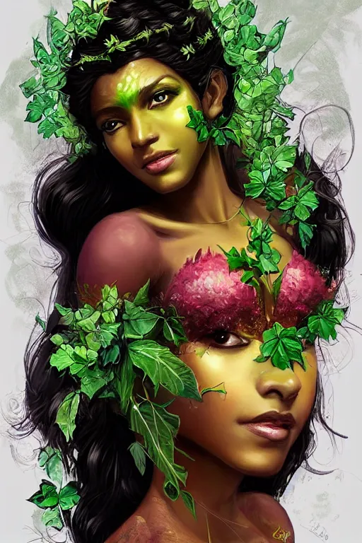 Prompt: portrait of a beautiful dark skinned sri lankan girl as titania, summer queen. faerie queen. queen of light, green, poison ivy, made by caravaggio stanley artgerm lau wlop rossdraws artstation cgsociety concept art cgsociety octane render