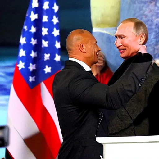 Image similar to dwayne johnson taking a selfie with putin