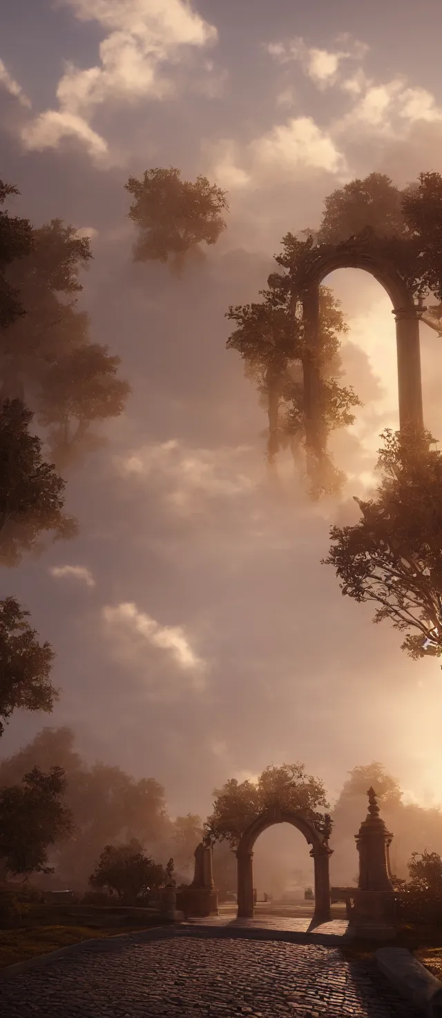 Prompt: golden gates to heaven, fog, dramatic soft light, fluffy clouds, high details unreal engine octane render