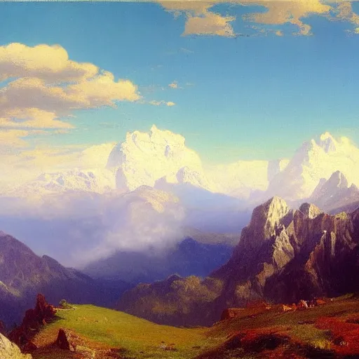 Image similar to vast valley in the alps with low clouds and blue sky, oil painting by albert bierstadt, artstation, 4 k, detailed,