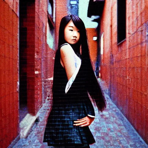 Image similar to 1990s perfect 8K HD professional cinematic photo of close-up japanese schoolgirl posing in sci-fi dystopian alleyway at evening, at instagram, Behance, Adobe Lightroom, with instagram filters, depth of field, taken with polaroid kodak portra