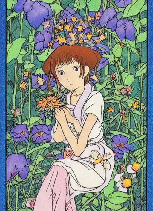 Image similar to fairy floral tarot card by Hayao miyazaki