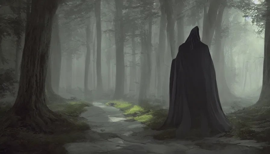 Prompt: A beautiful painting of a the grim reaper wearing a flowing cloak on a magical forest path, ray traced sun light, by greg rutkowski and Kalin Popov , Trending on artstation HD.